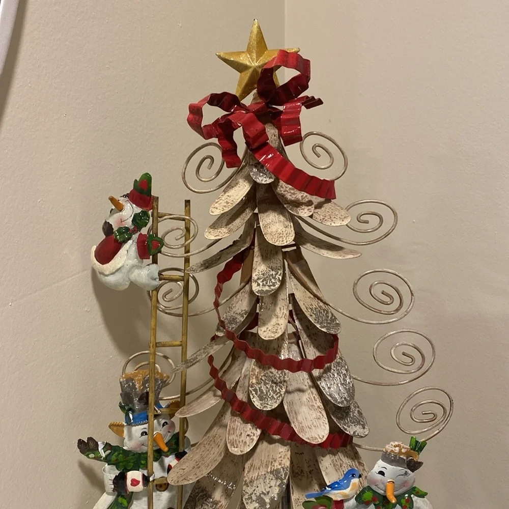Vintage Metal Large Christmas Tree, Snowmen, Winter Scape Festive Holiday Decor